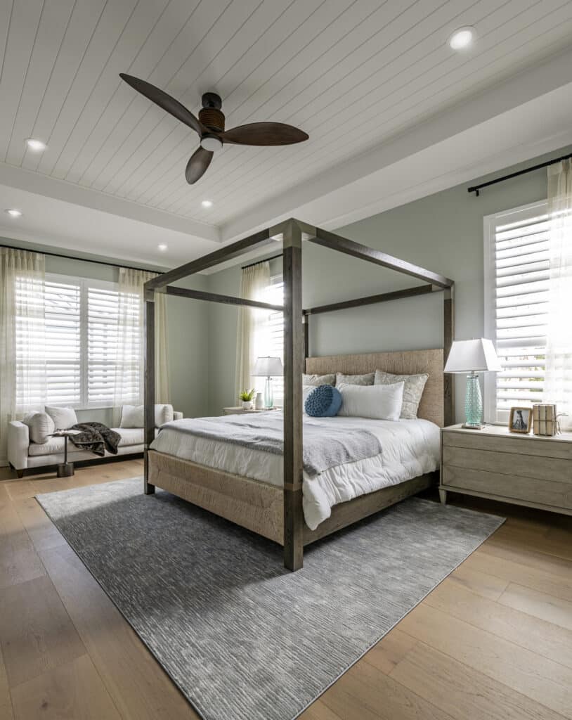Luxury master bedroom and bed dressed by Trade Mark Interiors
